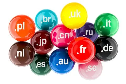 Colored balls with country code top level domain names, 3D rendering Color... Stock Photos