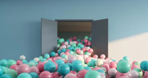 Colored balls pour out of the open doors into a large interior space Stock Illustration