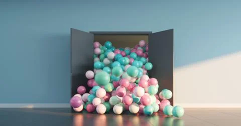 Colored balls pour out of the open doors into a large interior space Stock Illustration