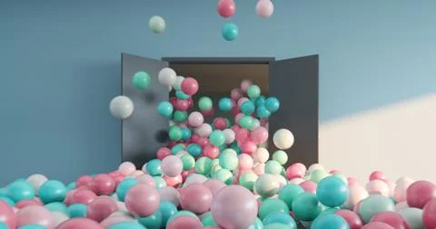 Colored balls pour out of the open doors into a large interior space Stock Illustration