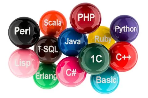 Colored balls with programming languages names, 3D rendering Stock Illustration