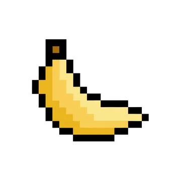 Colored banana. 8 bits, pixel vector banana on white background. Stock Illustration
