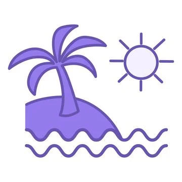 Colored Beach Icon. Vector Icon of Tropical Island with Palm Tree, Sun, and.. Stock Illustration