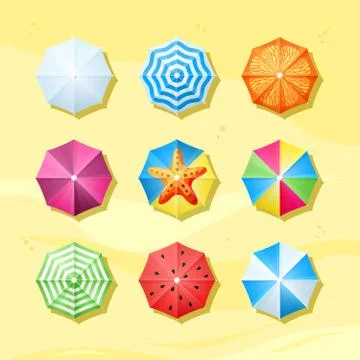 Colored beach umbrellas top view set. Protected leisure on tropical yellow beach Stock Illustration