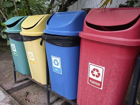 Colored bins for selective garbage collection Stock Photos