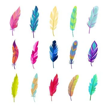 Colored bird feathers set. Bright green fluff design with red tints and soft Stock Illustration