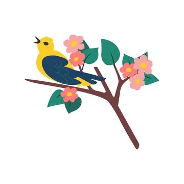 Colored bird on a flowering tree branch. Vector illustration Stock Illustration