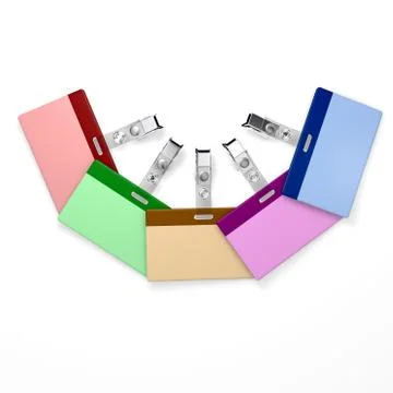 Colored blank badges with copyspace positioned in arc Stock Illustration