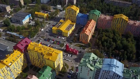 Colored block of multistory buildings in Kyiv Video stock 99366403