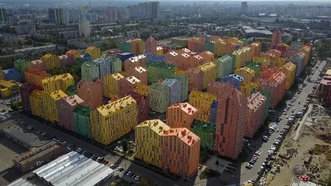 Colored block of multistory buildings in Kyiv Video stock 99367178
