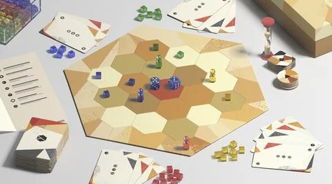 Colored board game field with chips, dice and cards mockup Illustrazione stock