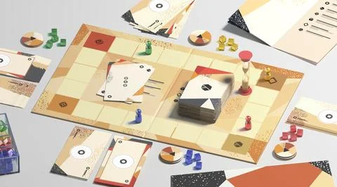 Colored board game field with chips, dice and cards mockup Illustrazione stock