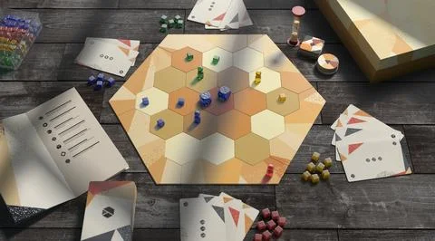 Colored board game field with chips, dice and cards mockup Illustrazione stock