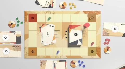Colored board game field with chips, dice and cards mockup Illustrazione stock