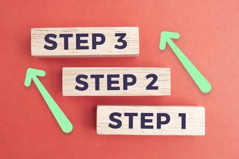 Colored board with the words step 1, step 2 and step 3 Stock Photos