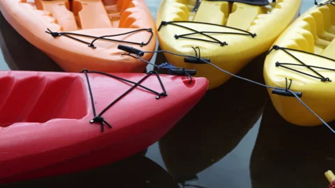 Colored boats connected to each other near from the shore. Stock Footage 138748800
