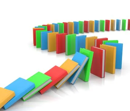 Colored books aligned along a path like domino on white background Illustrazione stock