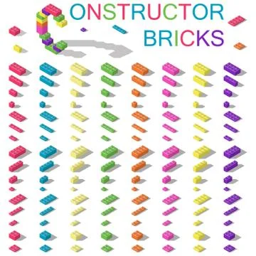 Colored building blocks of plastic constructor isometric set Stock Illustration