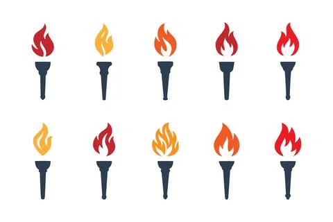 Colored burning torch icons. Flat vector flame illustrations for games, freedom Stock Illustration