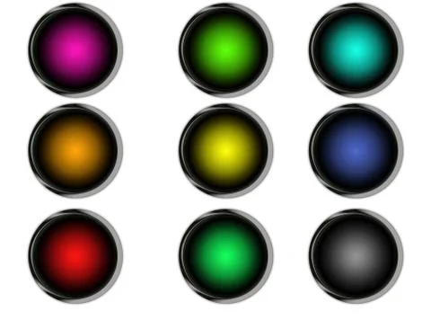 Colored buttons with metallic frames and shadows Stock Photos