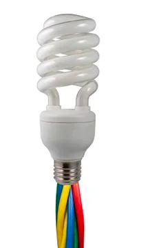 Colored cables attached to a fluorescent light bulb Foto stock
