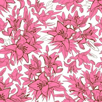 Colored camouflage seamless pattern with red silhouettes of lily flowers. Stock Illustration