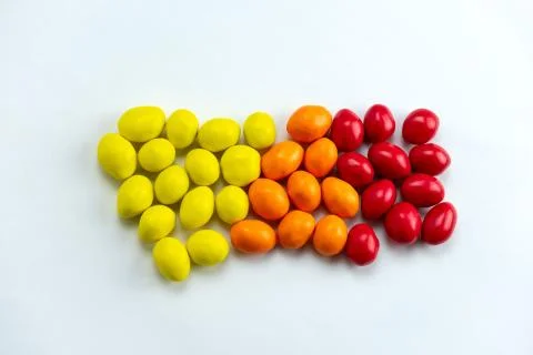 Colored candies  spread out gradient from yellow to red top view flat lay  on Foto stock