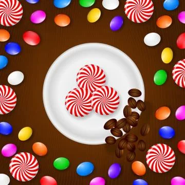 Colored candies, sweets and lollipops. On a brown wooden background. View from Stock Illustration
