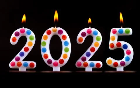 Colored candles write numbers flame Happy new year 2025 Stock Photos