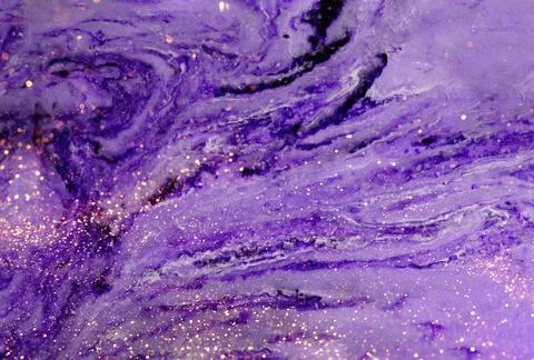 Colored canvas with marble texture, golden smudges, sparkles purple background Stock Photos