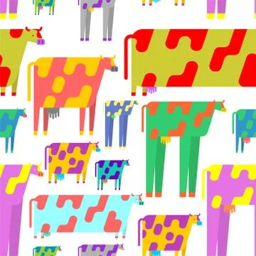 Colored Cartoon Cow pattern seamless. Multicolored Animal beef background. Ba Stock Illustration