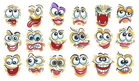 Colored Cartoon Doodle Faces Emotion Collection Stock Illustration