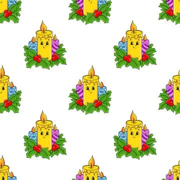Colored cartoon seamless pattern. Christmas theme. Cartoon style. Hand drawn. Stock Illustration