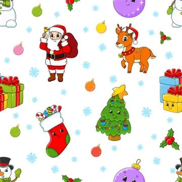 Colored cartoon seamless pattern. Christmas theme. Cartoon style. Hand drawn. Stock Illustration