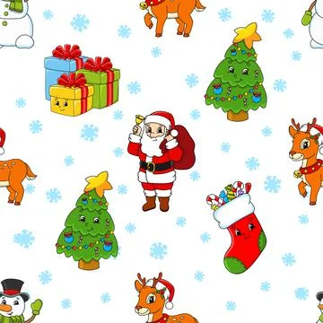 Colored cartoon seamless pattern. Christmas theme. Cartoon style. Hand drawn. Stock Illustration