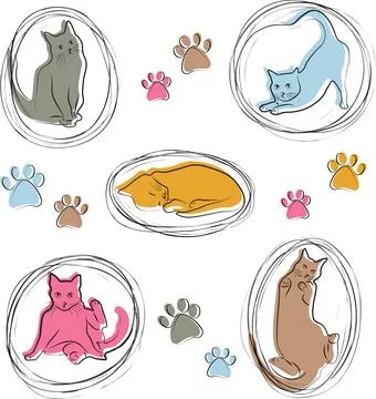 Colored cats and paws Illustrazione stock