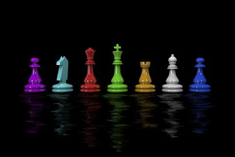 Colored chess pieces stand in a row with a reflection in the water. 3D illust Stock Illustration
