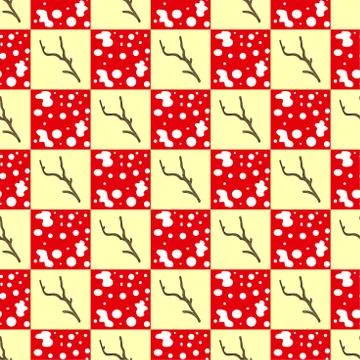 Colored chess seamless pattern of floral motifs, doodles, brown branch and red Stock Illustration