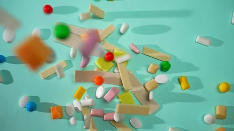 Colored chewing gum and refreshing candy drop on blue background,nobody top view Stock Footage 223718900