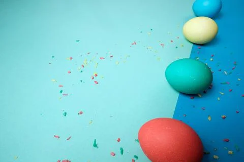 Colored chicken eggs. Easter holiday. Abstraction. Place for text 스톡 사진