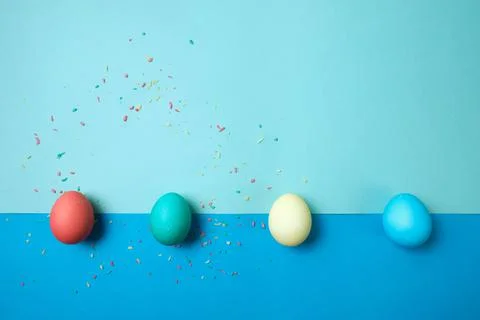 Colored chicken eggs. Easter holiday. Abstraction. Place for text 写真素材