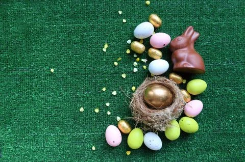 Colored chocolate Easter eggs  with copy space Stock Photos