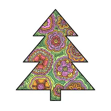 Colored Christmas tree shape zentangle New Year card. Ornate decoration Stock Illustration