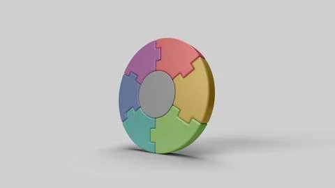 Colored circular 3D puzzle pieces on the white backdrop, left view Stock Illustration