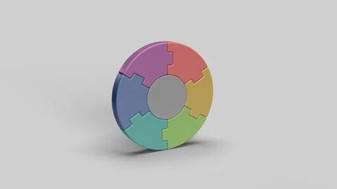Colored circular 3D puzzle pieces on the white backdrop, right view Stockillustratie