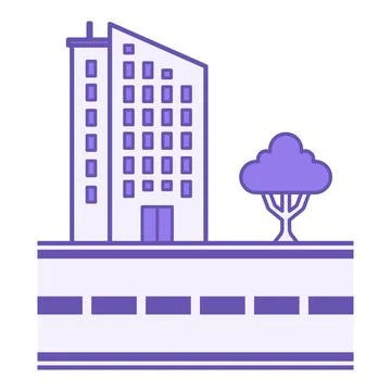 Colored City Icon. Vector Icon. Multi-Storey Building, Tree, and Road. Stre.. Stock Illustration
