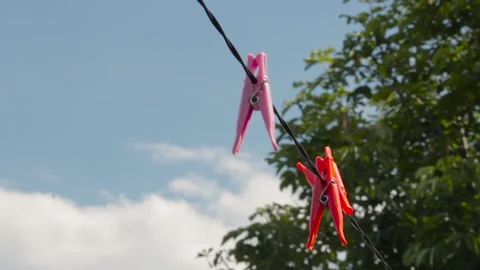 Colored clothespins on a rope on a blurred background of greenery. copy space Stock-Footage 136201645