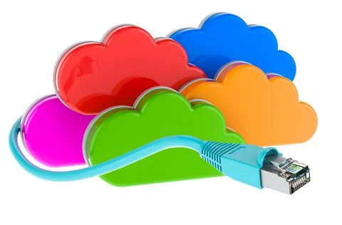 Colored clouds storage service with lan internet cable, 3D rendering イラスト素材