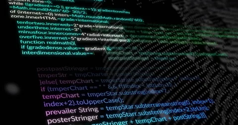 Colored code blocks floating in dark 3D render interface, showing dotted mesh Stock Footage 309106347