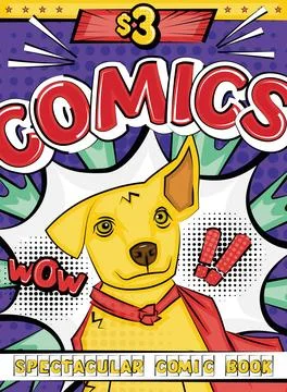 Colored comic cover page with a dog superhero Vector Stock Illustration